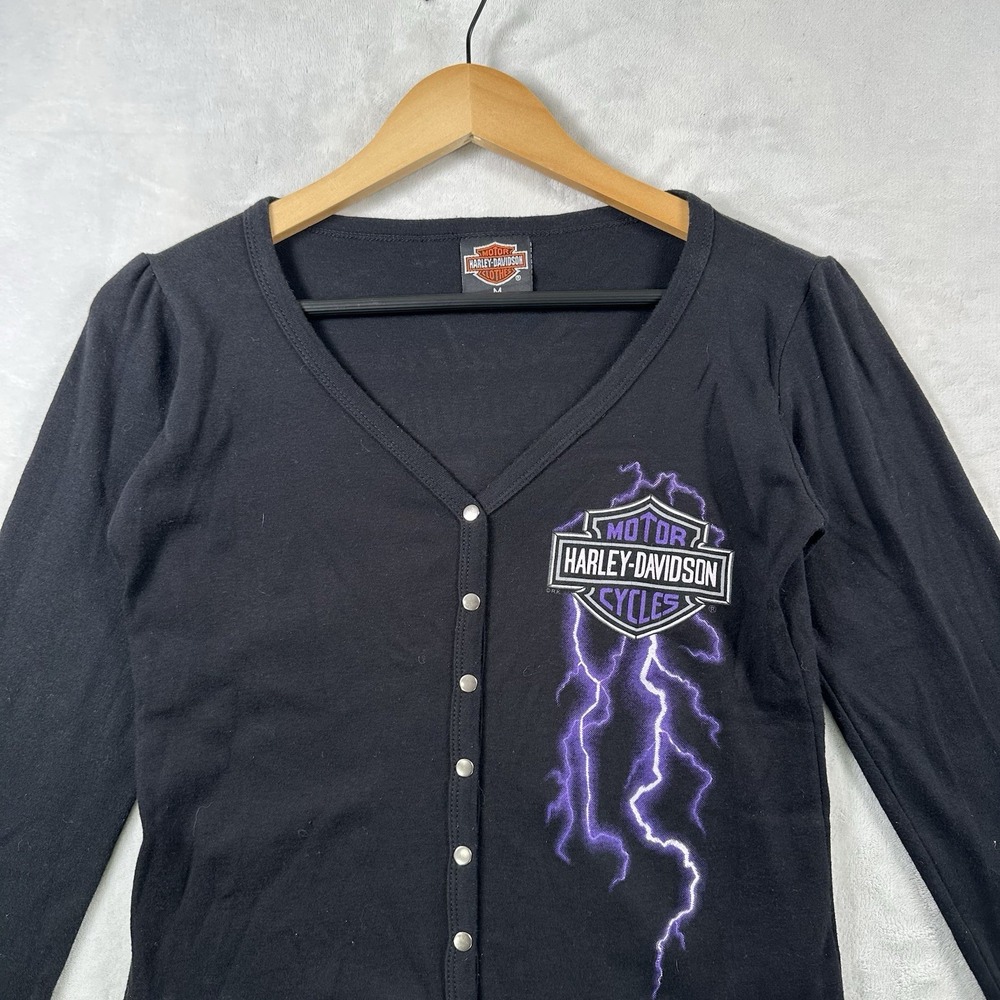 Vintage Y2K 80s Harley Davidson Blue Lightning Black button down Women's Top M